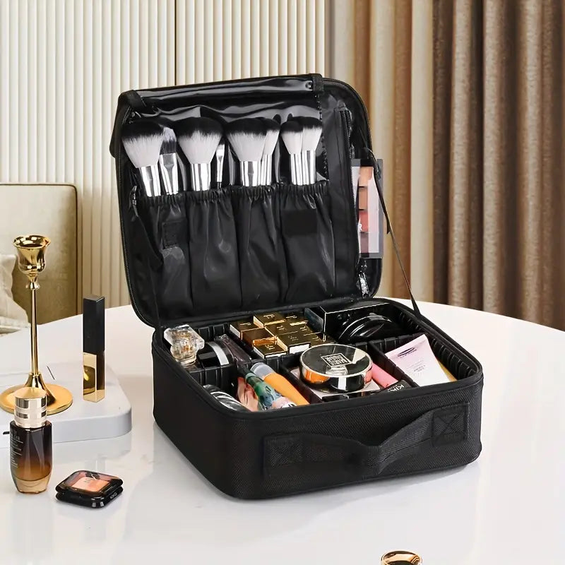 Portable travel makeup bag in black with zippered compartments